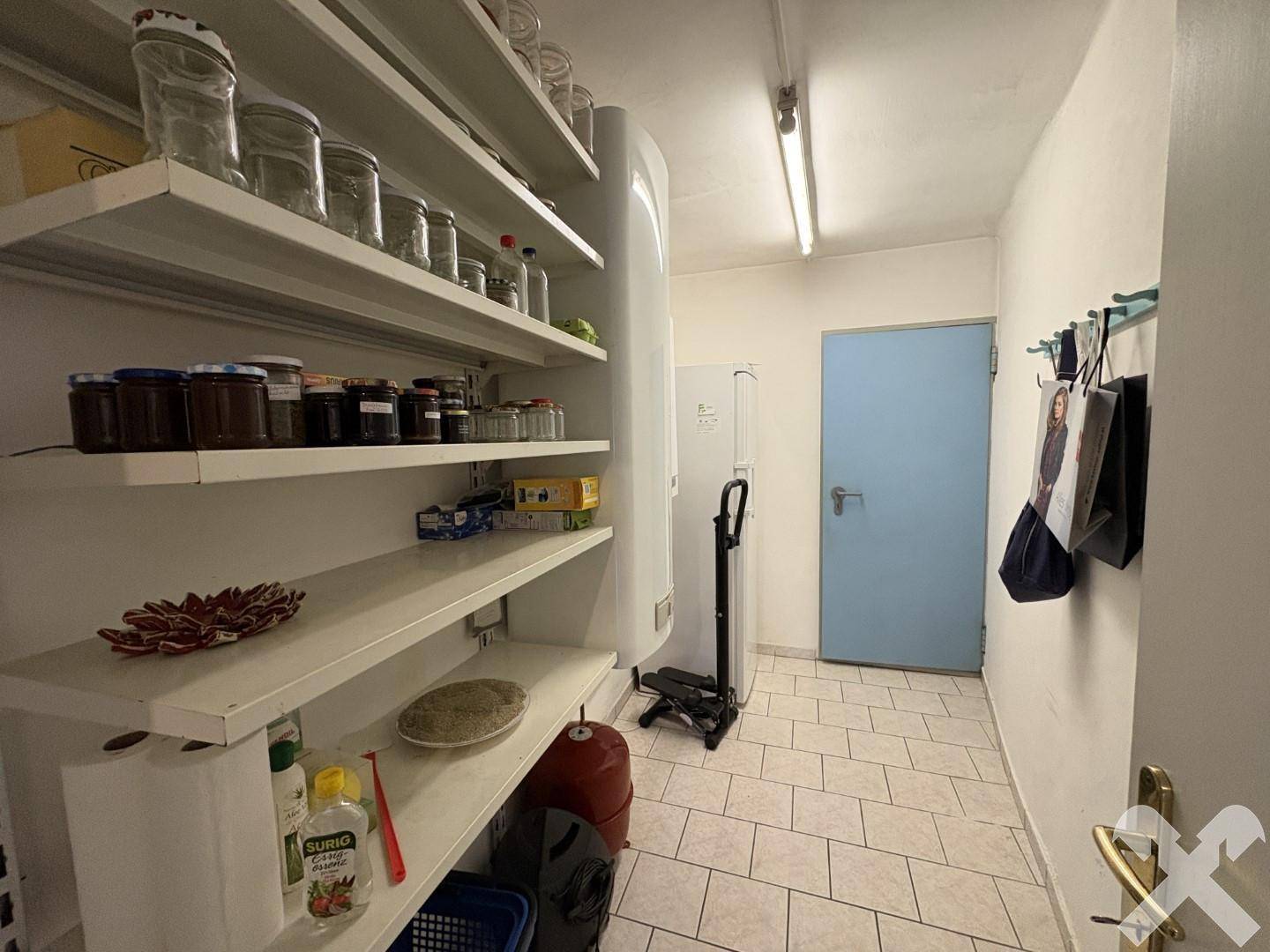 Praktischer Abstellraum mit Regalen für Vorräte und Haushaltsgeräte, ideal für Organisation.