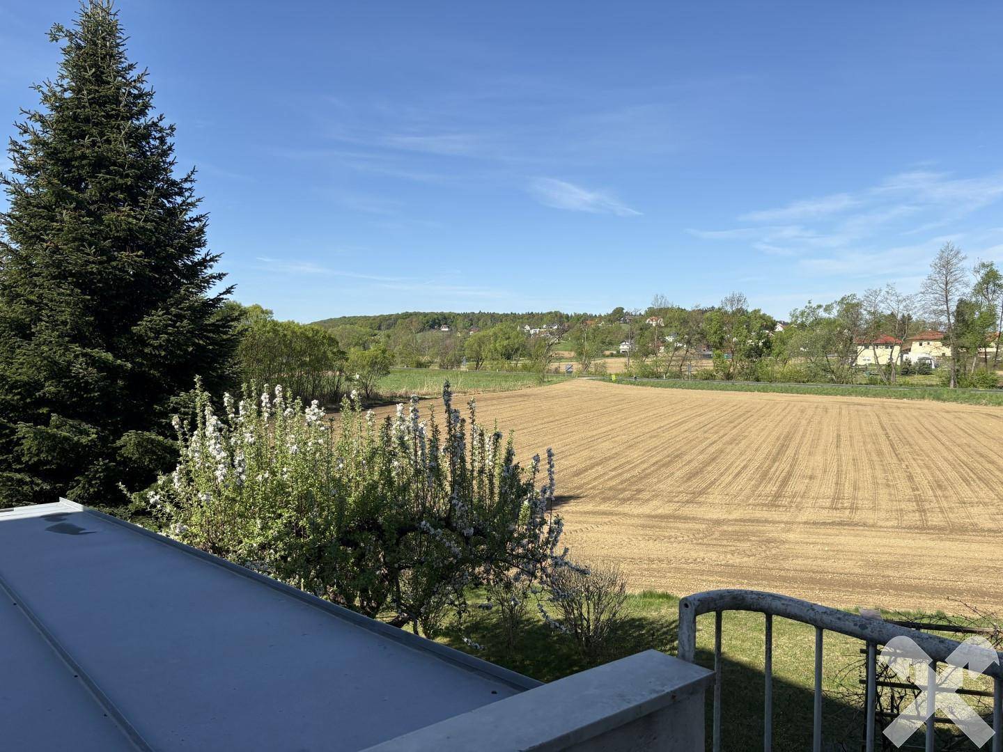 Weitläufiger Blick über Felder und grüne Landschaft von der Immobilie aus, bietet Ruhe und Weite.