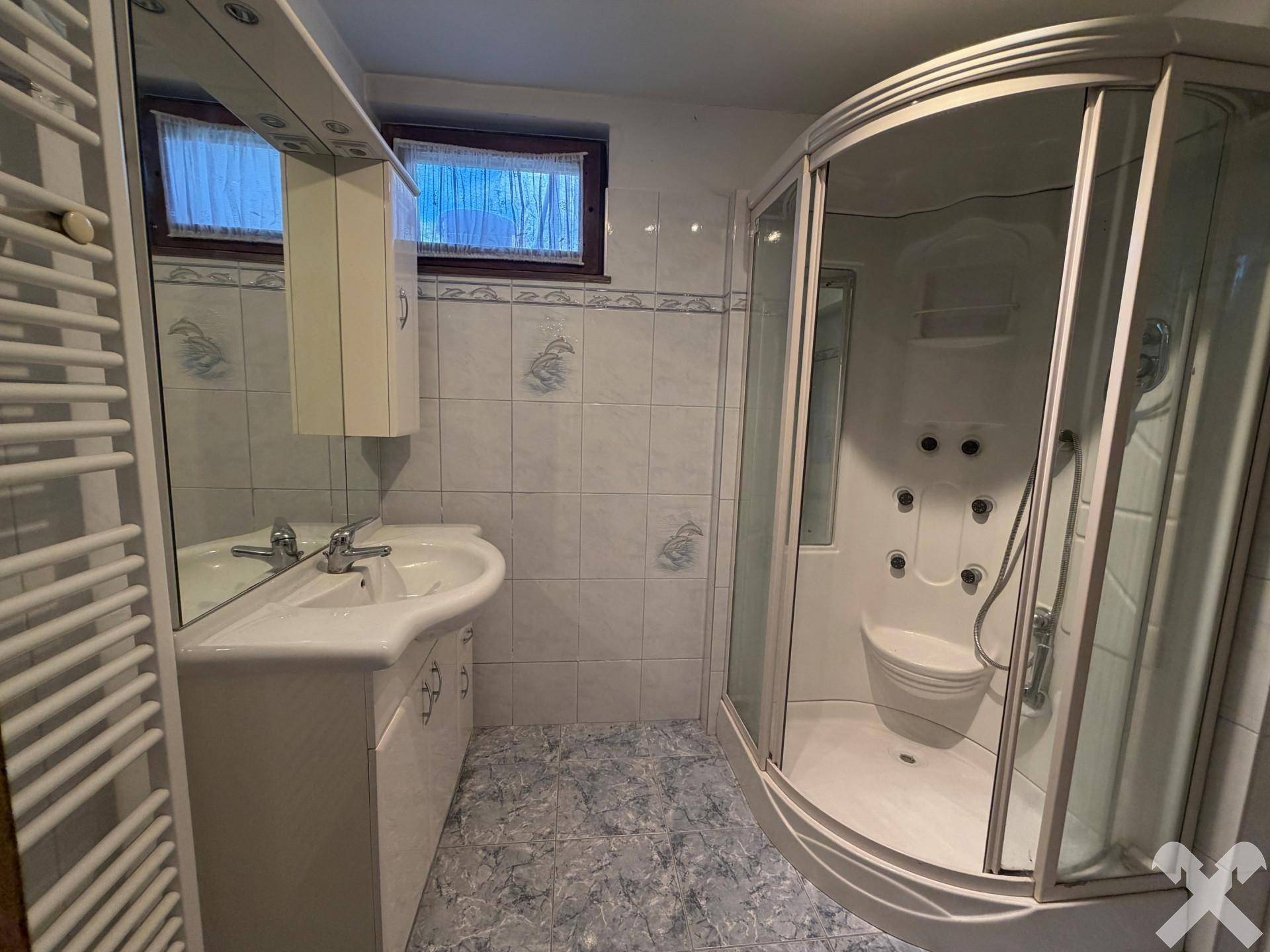Badezimmer mit Duschkabine, Waschbecken und beheiztem Handtuchhalter.