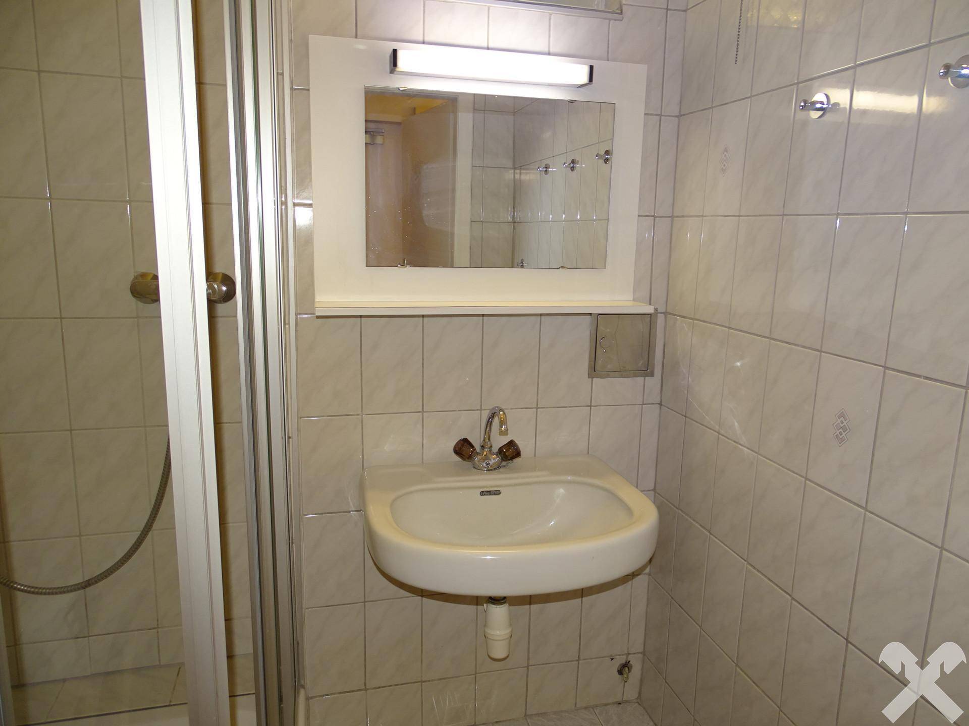 Funktionales Badezimmer mit Duschkabine, Waschbecken und Wandfliesen.