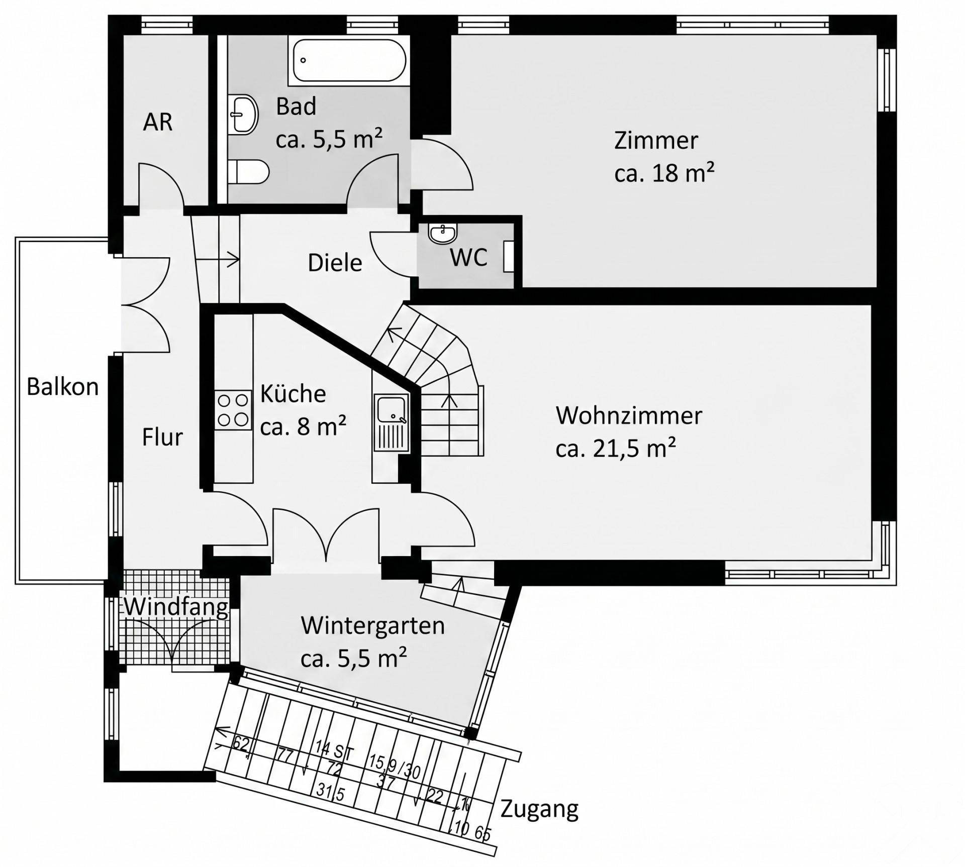Grundriss des Erdgeschosses mit Wohnzimmer, Küche, Bad, WC und Wintergarten.