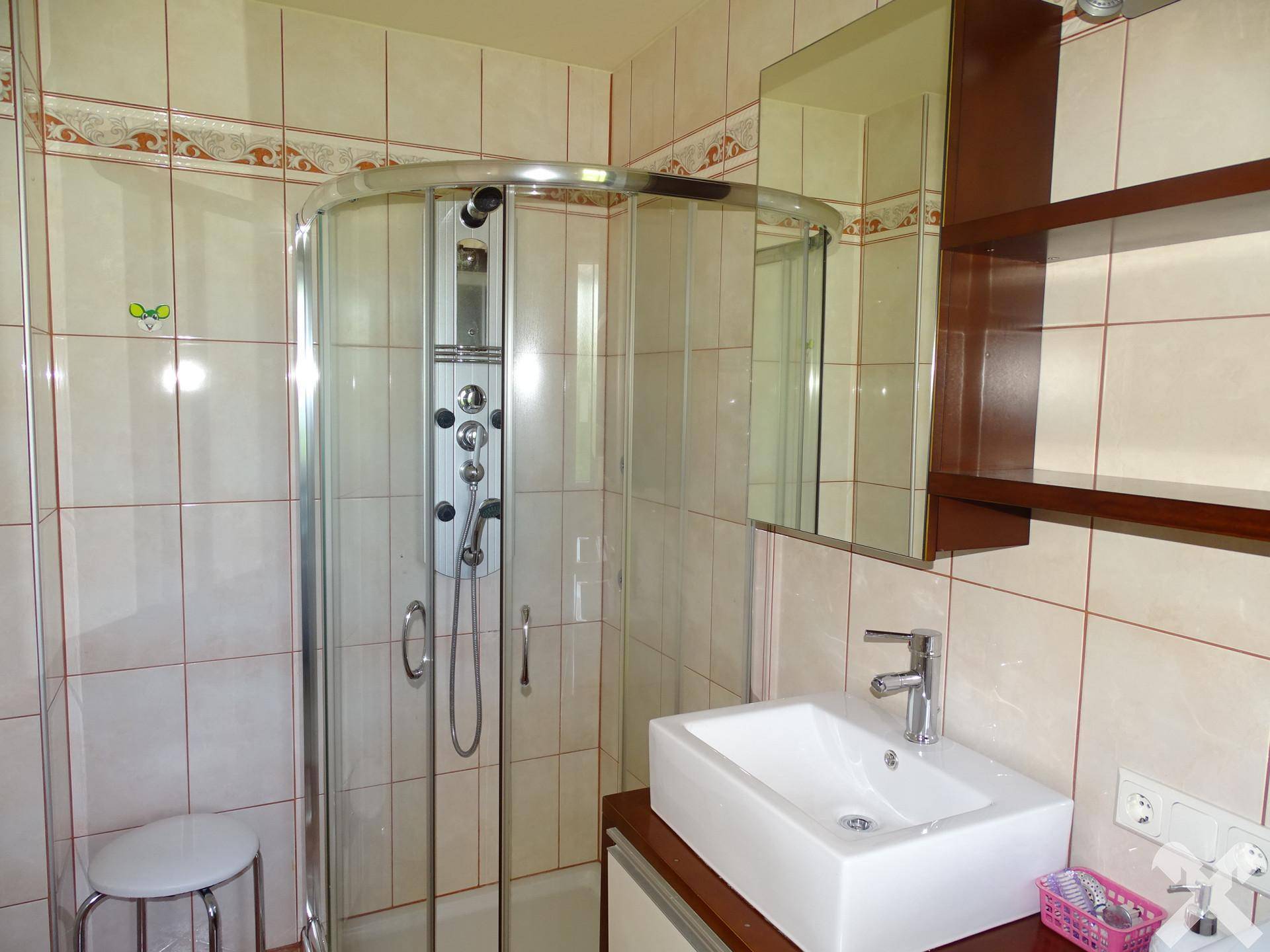 Badezimmer mit Duschkabine, Einzelwaschbecken und beigefarbenen Fliesen.