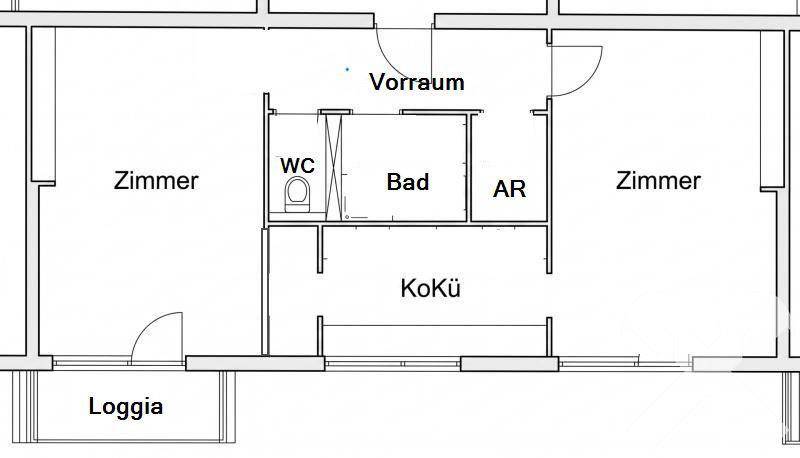 Grundriss der Wohnung mit Zimmern, Bad, WC, Küche und Loggia.