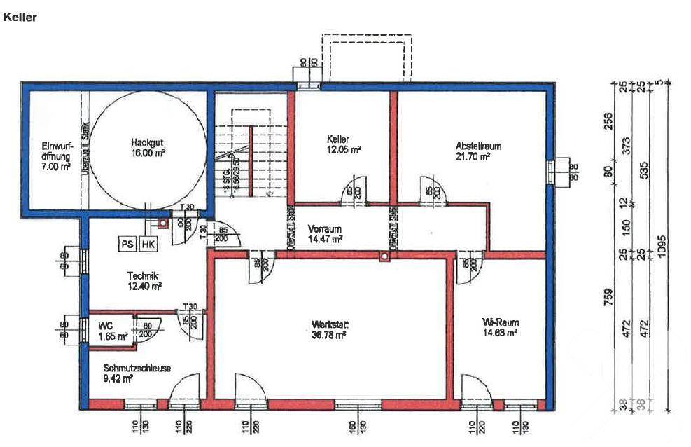Grundriss des Kellers mit Technikraum, Werkstatt und Abstellräumen.
