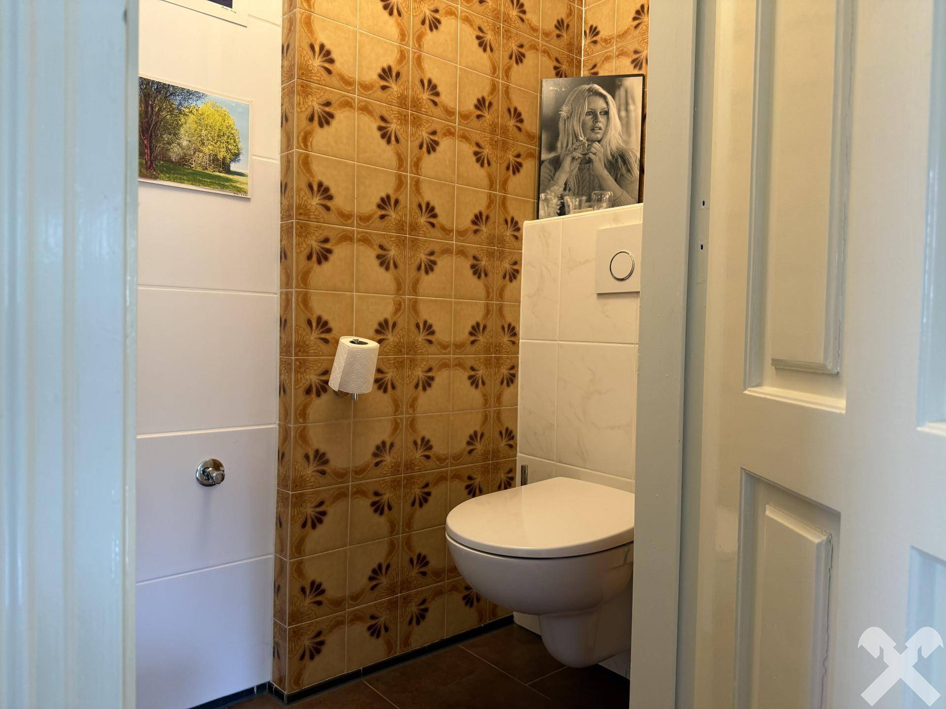 Kleines Gäste-WC mit gemusterten braun-weißen Fliesen und wandhängendem WC.