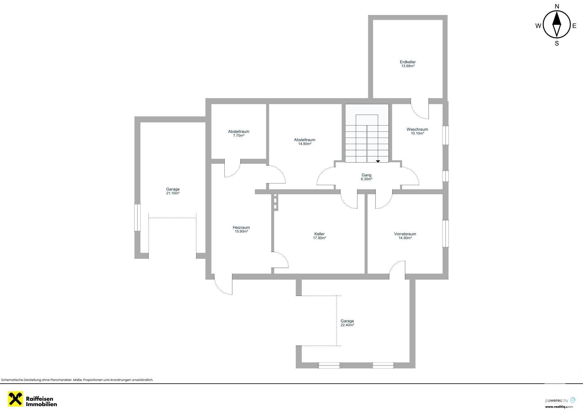 Grundriss des Kellergeschosses mit Garage, Heizraum, Abstellräumen und Waschraum.