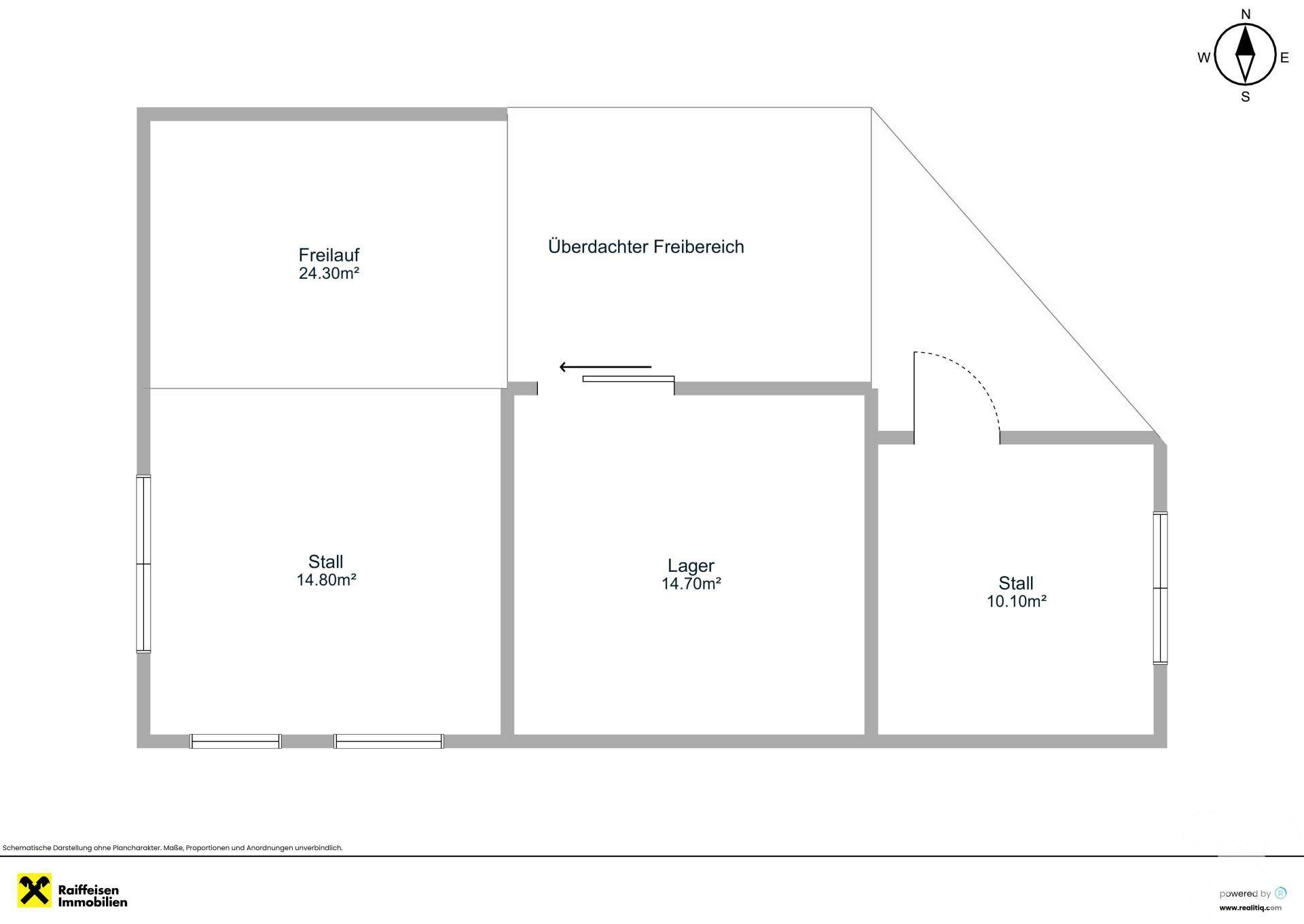 Grundriss eines weiteren Nebengebäudes mit Stallungen und überdachtem Freibereich.