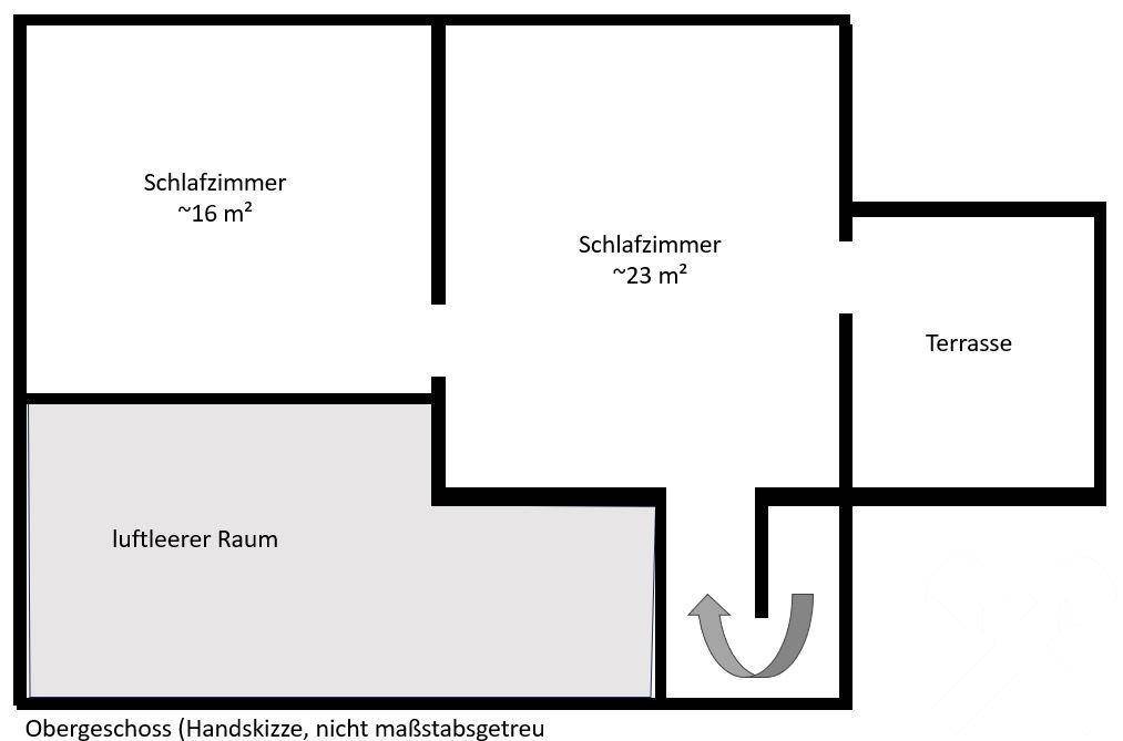 Handskizze des Obergeschosses mit zwei Schlafzimmern und Terrasse.
