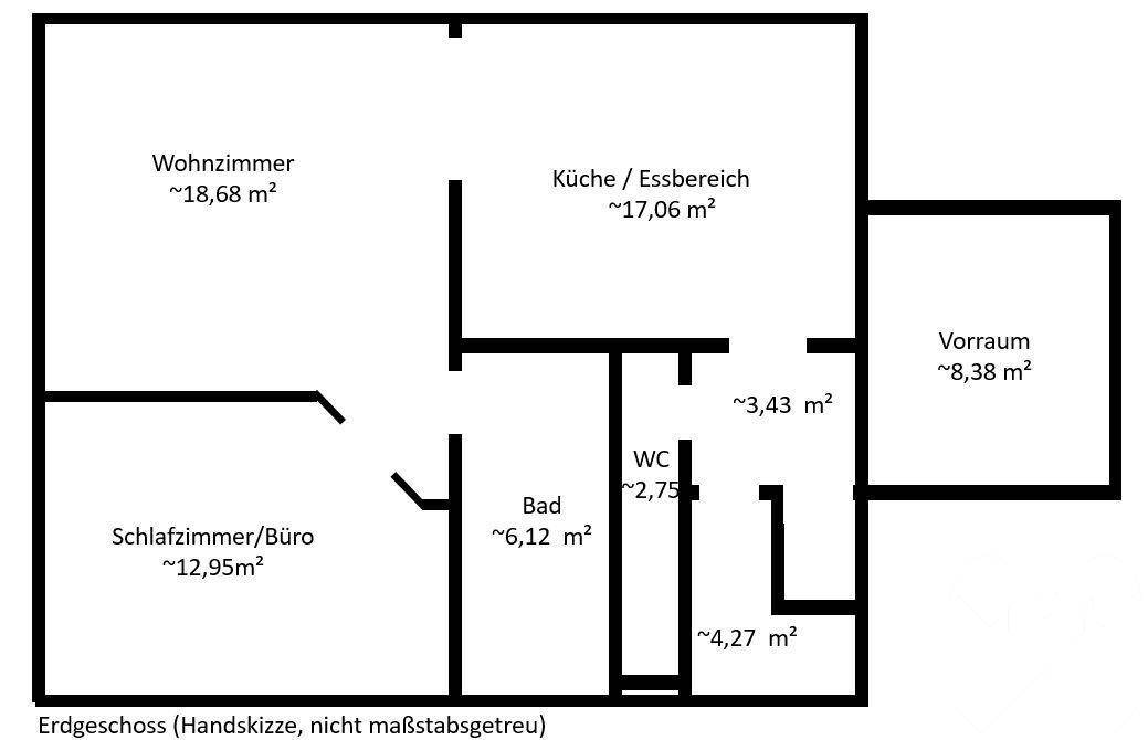 Handskizze des Erdgeschosses mit Wohnzimmer, Küche/Essbereich und Schlafzimmer/Büro.