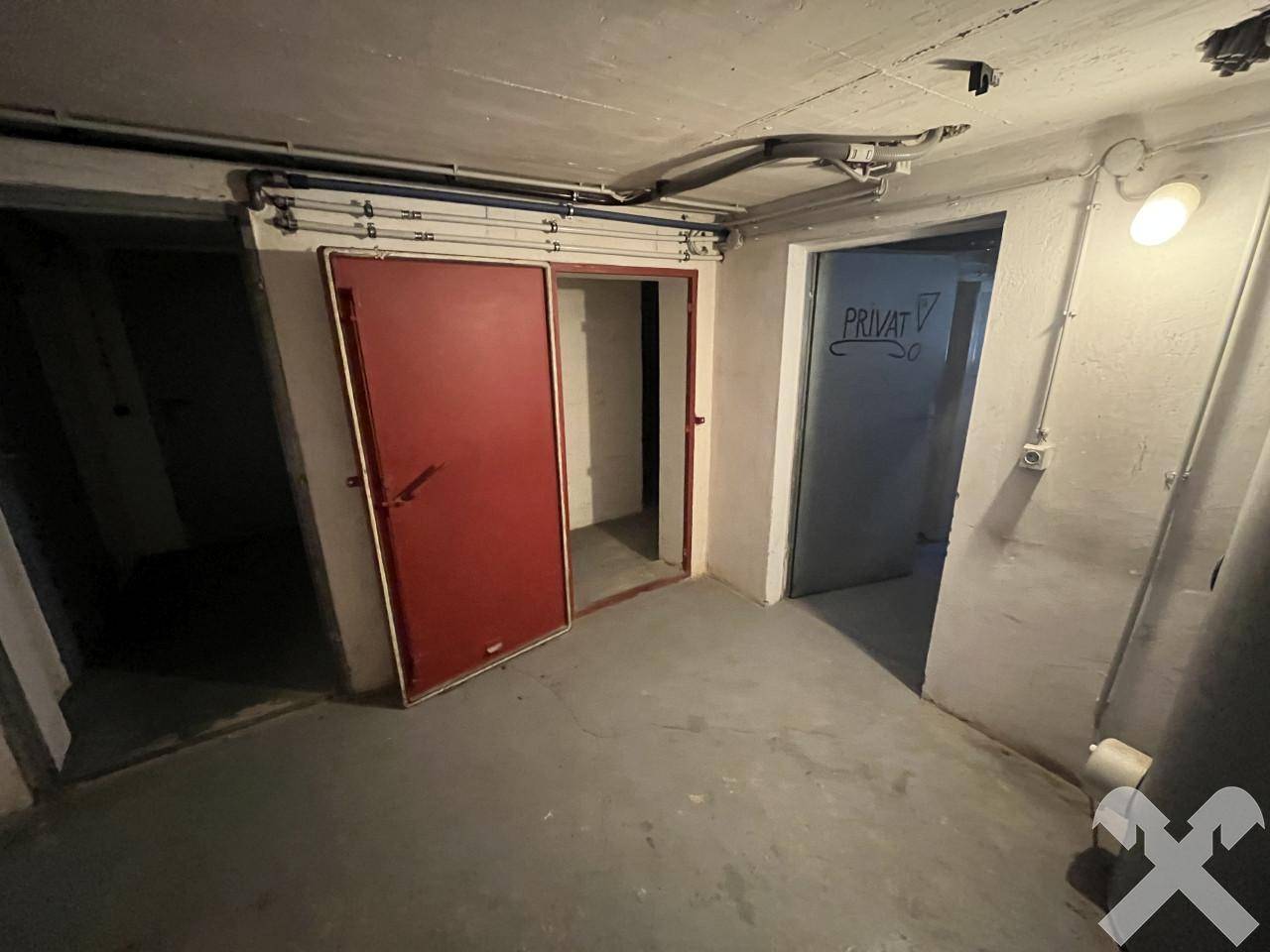 Kellerraum mit mehreren Türen, sichtbaren Rohren und Betonboden, bietet vielseitige Nutzungsmöglichkeiten.
