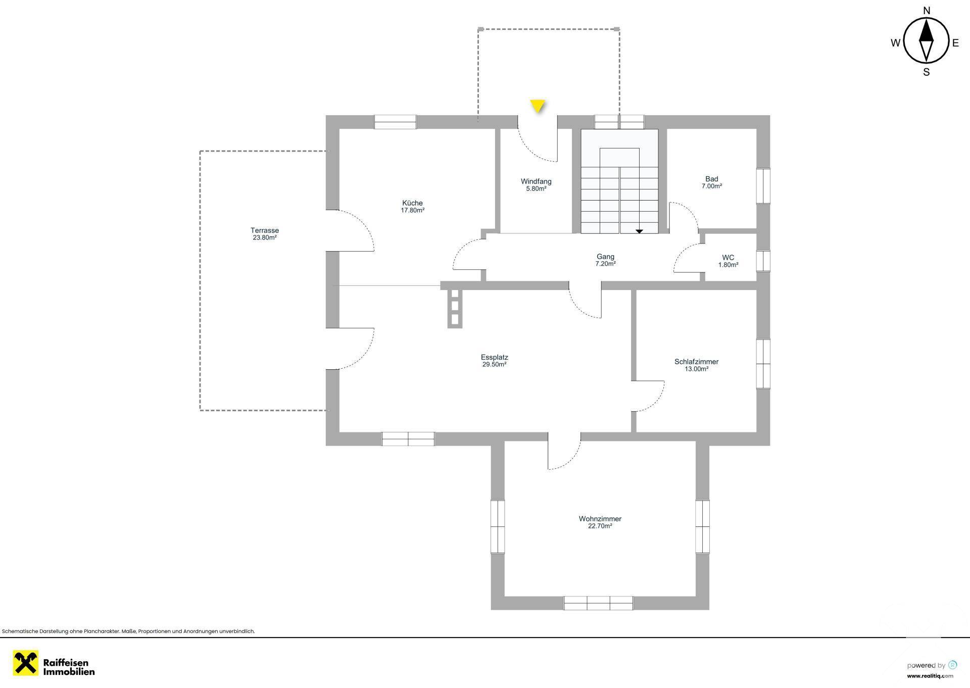 Grundriss des Erdgeschosses mit Wohnzimmer, Küche, Schlafzimmer und großer Terrasse.