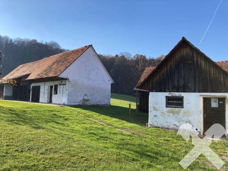 Zwei rustikale Gebäude mit Ziegeldächern und unterschiedlichen Fassaden in einer grünen Landschaft.