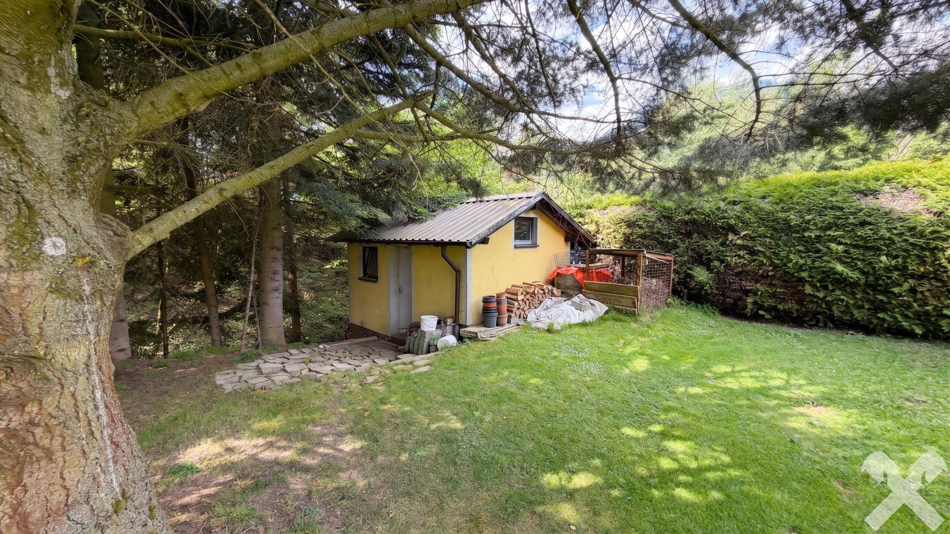 Rustikales Gartenhaus umgeben von Bäumen und Grünflächen, mit gestapeltem Brennholz.