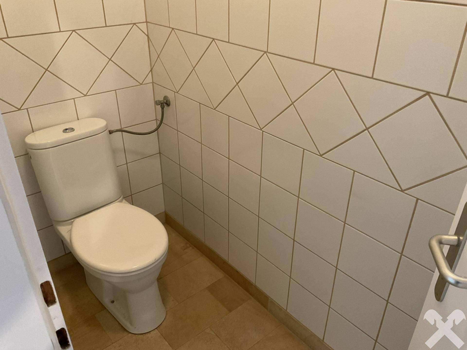 Separates WC mit weißer Toilette und diagonal verlegten Wandfliesen.
