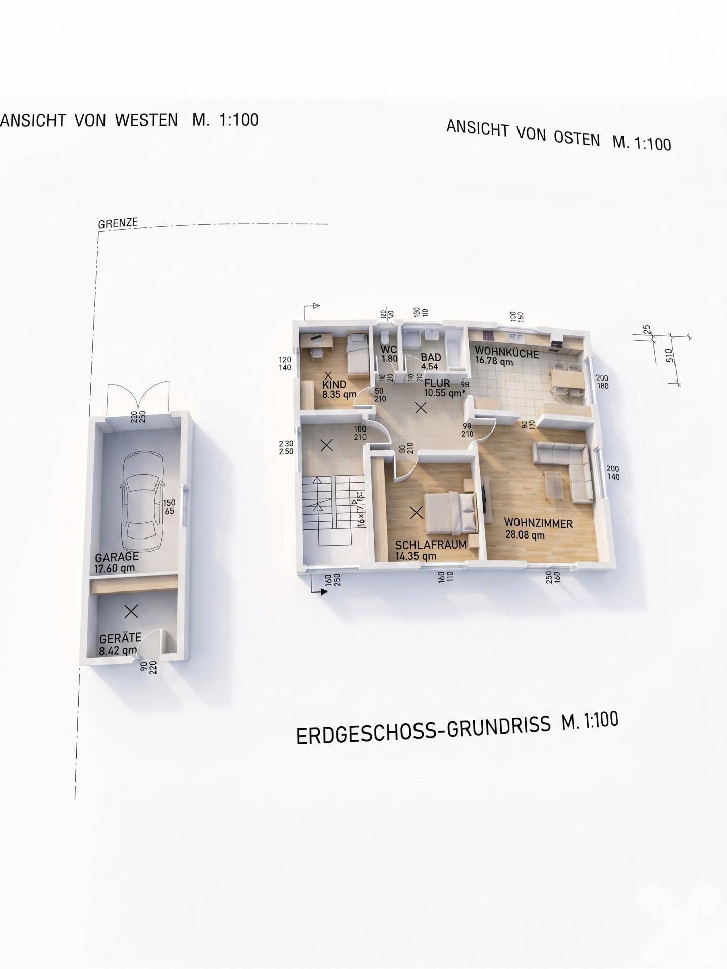 3D-Grundriss des Erdgeschosses mit Wohnküche, Schlafzimmer, Kinderzimmer und Garage.