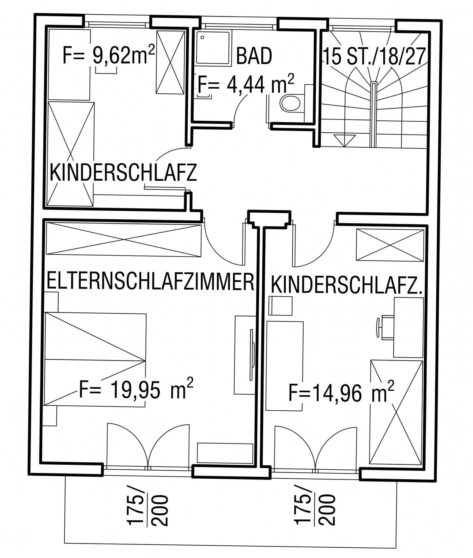 Grundriss des Obergeschosses mit drei Schlafzimmern und einem Badezimmer.