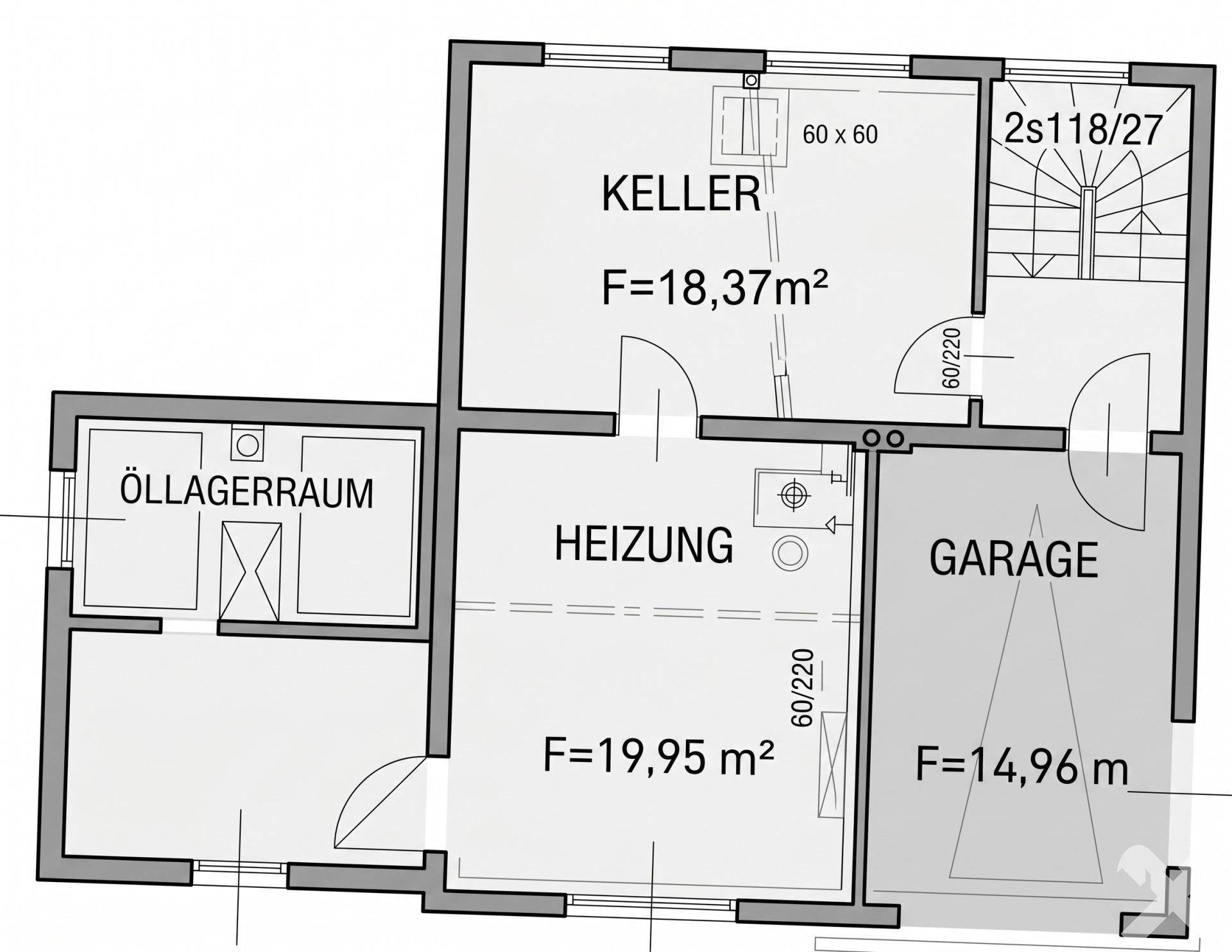 Grundriss des Kellers mit Heizraum, Öllagerraum, Kellerraum und Garage.