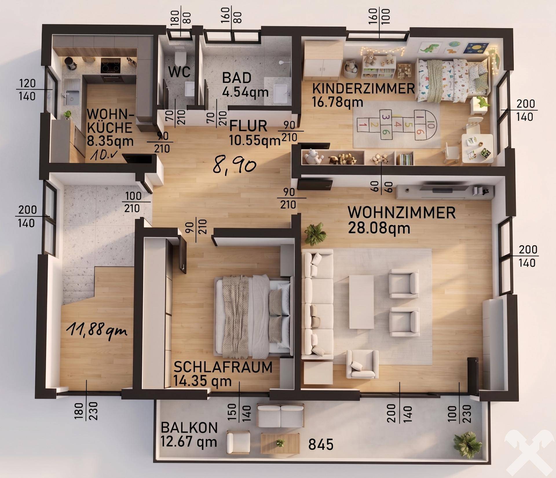 3D-Grundriss mit möbliertem Wohnzimmer, Schlafzimmer, Kinderzimmer und einem Balkon.