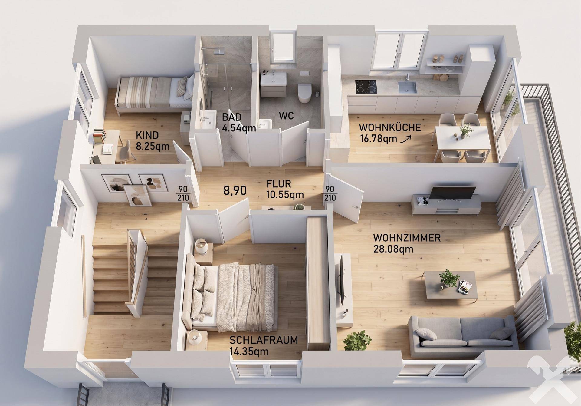 Detaillierter 3D-Grundriss mit Schlafzimmer, Kinderzimmer, Bad und offener Wohnküche sowie Balkon.