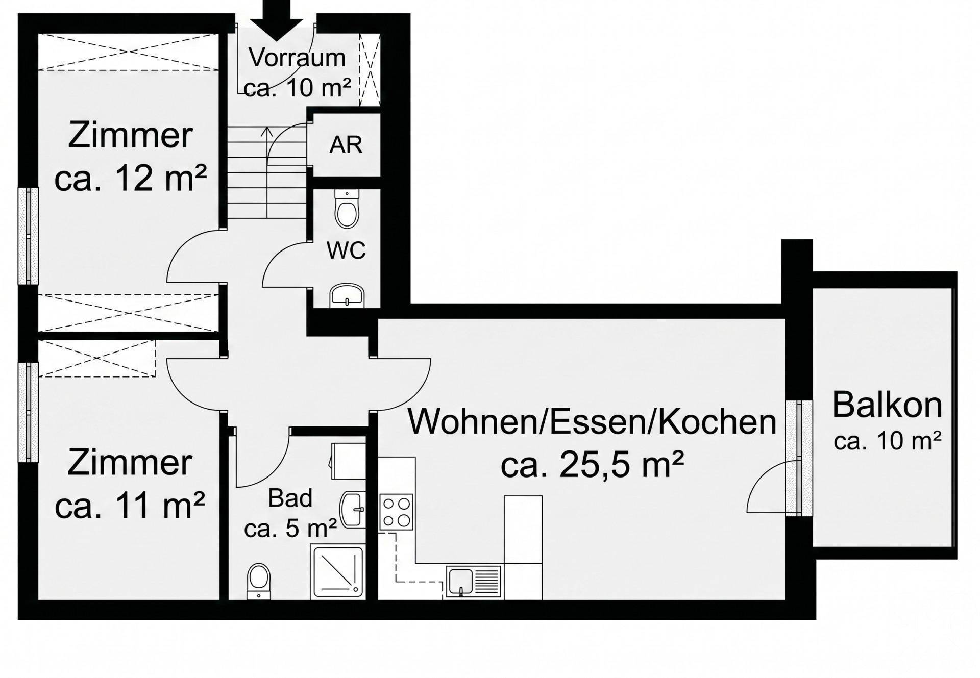 Grundriss mit drei Zimmern, einem offenen Wohn-/Ess-/Kochbereich und einem Balkon.