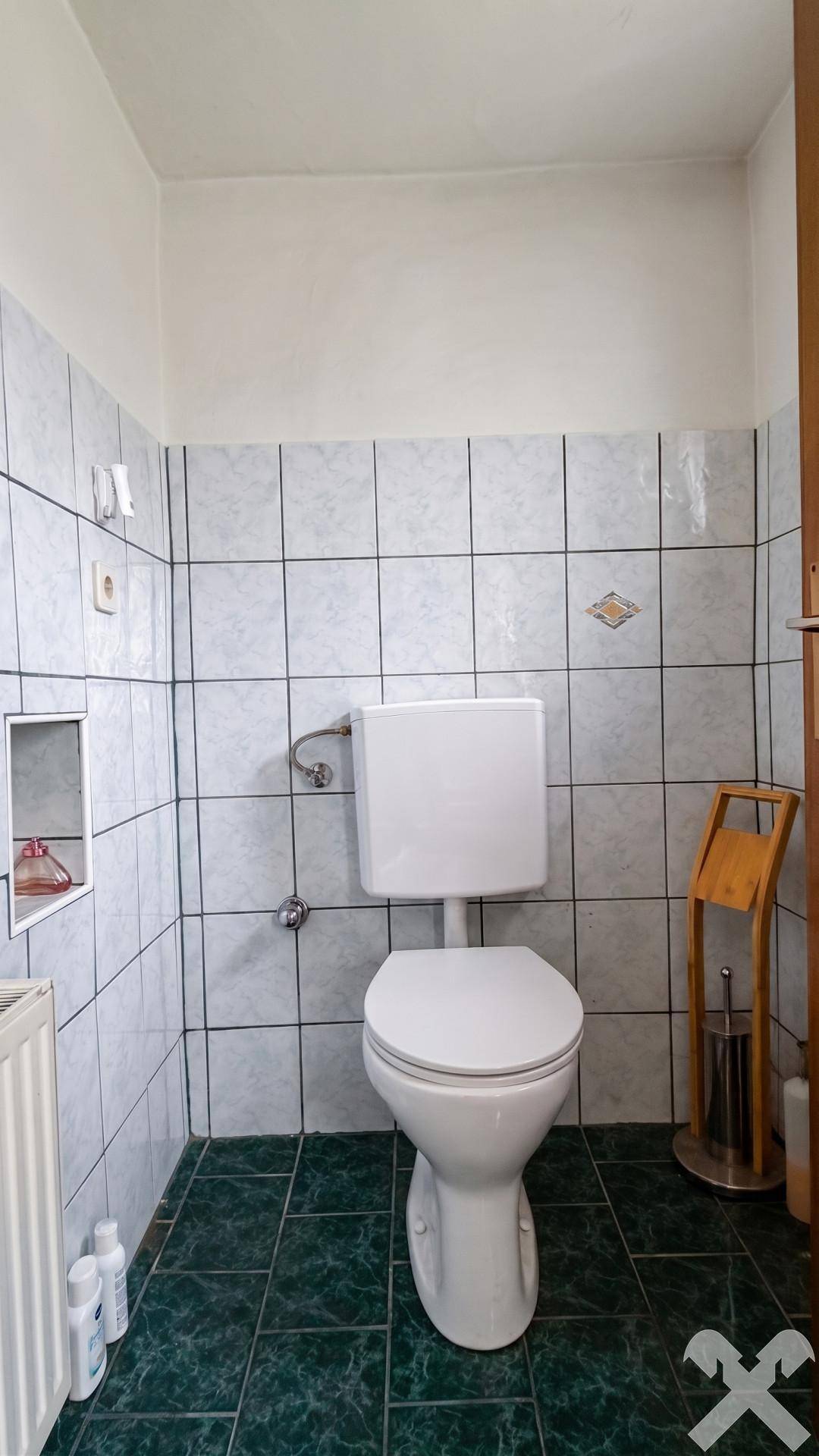 Separate Toilette mit grünen Fliesen, wandmontierter Toilette und Heizkörper.