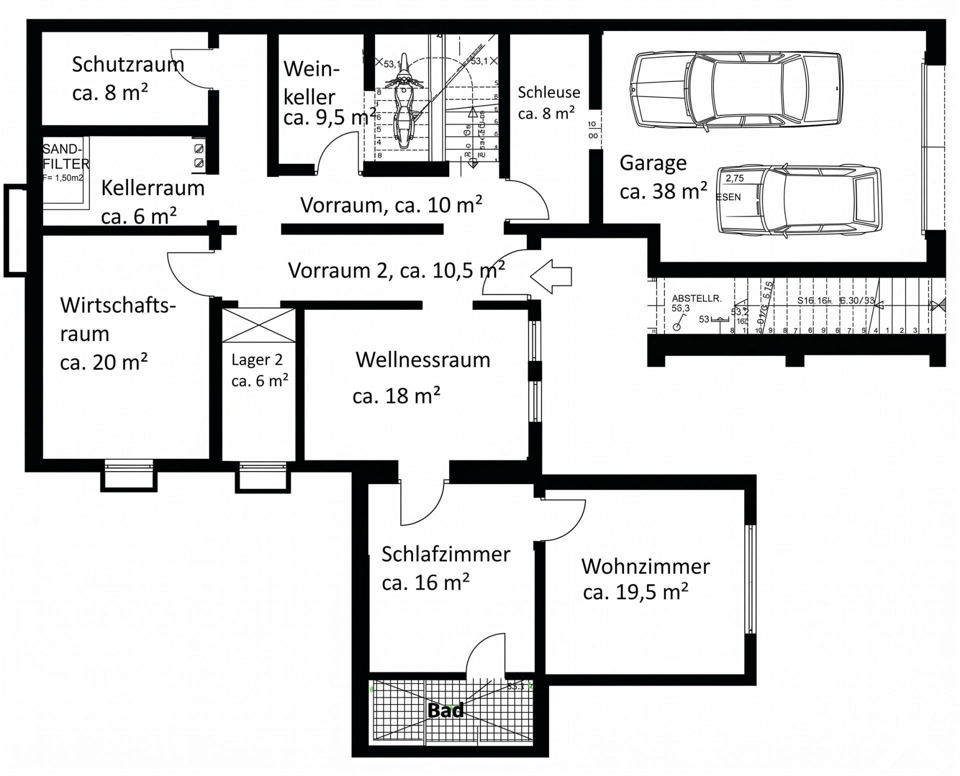 Grundriss des Untergeschosses mit Weinkeller, Wellnessraum, Schlafzimmer, Wohnzimmer und Doppelgarage.