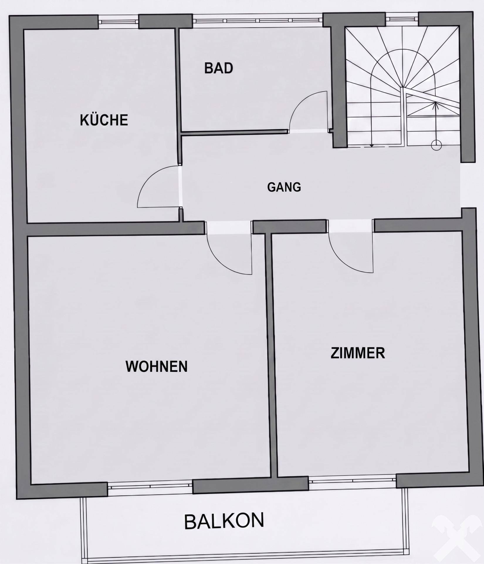 Grundriss des Obergeschosses mit Schlafzimmern, Bad und Balkon.