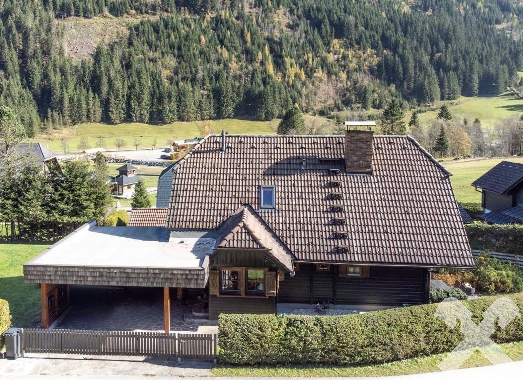 Vogelperspektive eines traditionellen Holzhauses mit Carport und bewaldeter Bergkulisse im Hintergrund.
