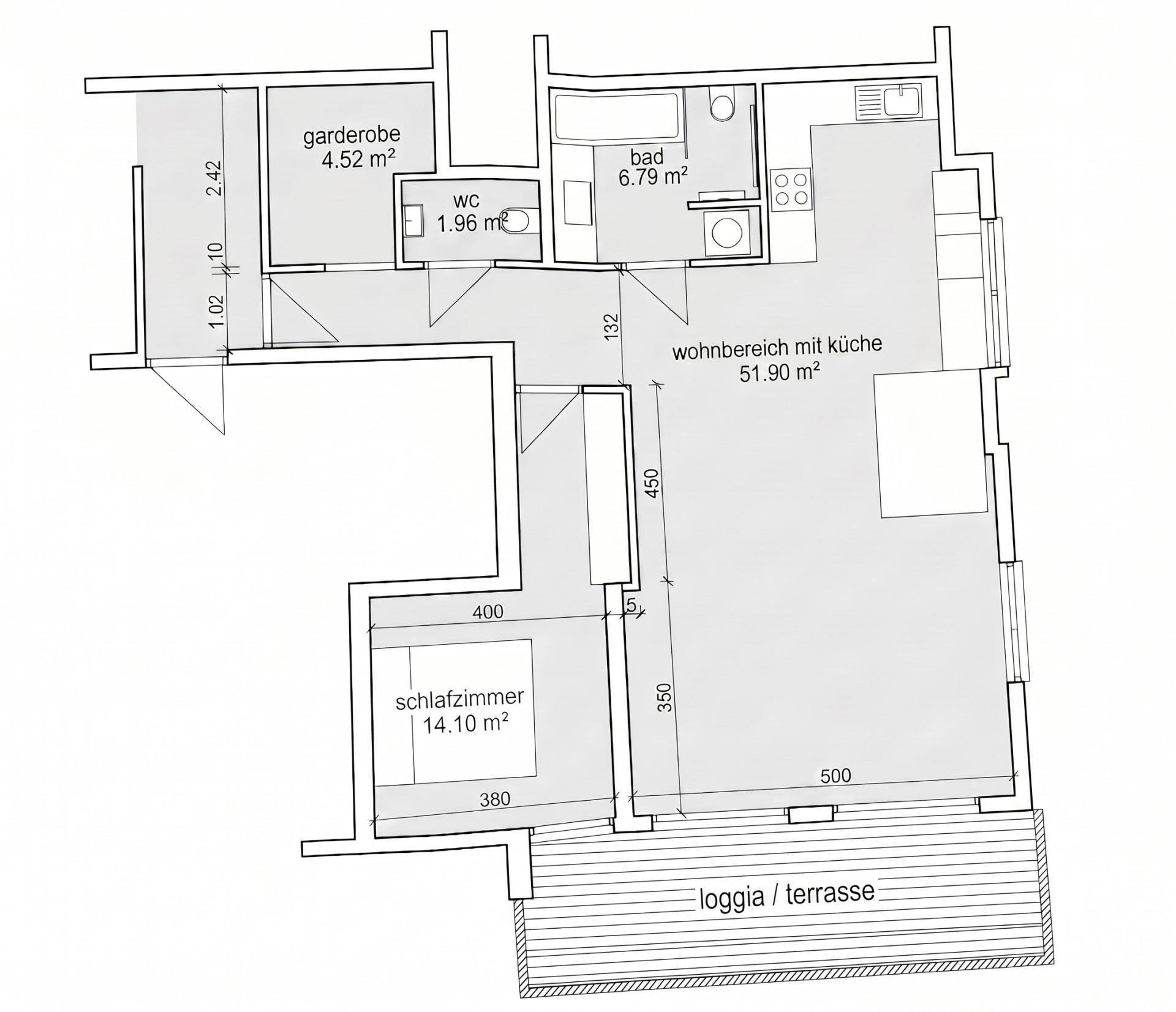 Grundriss der Wohnung mit Wohnbereich, Küche, Schlafzimmer, Bad und Loggia/Terrasse.