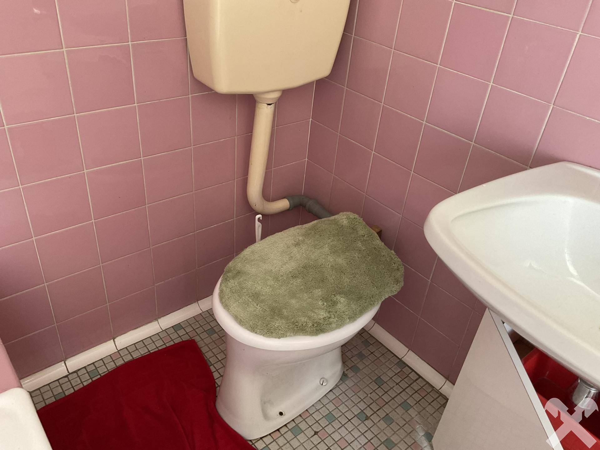 Toilette im Badezimmer mit rosa Fliesen und einem hochhängenden Spülkasten.