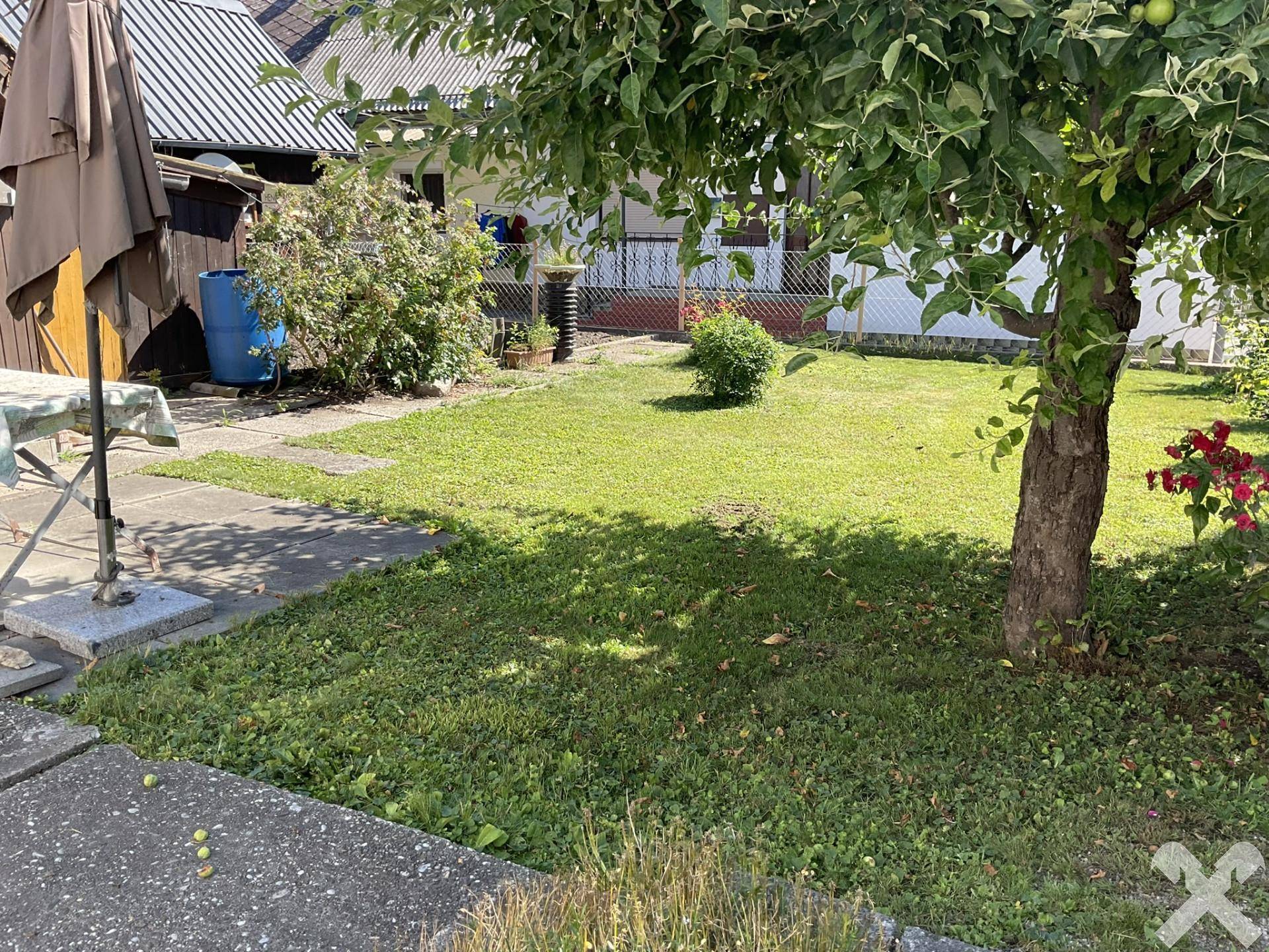 Grüner Gartenbereich mit Rasenfläche, Obstbaum und einem kleinen Tisch mit Sonnenschirm.