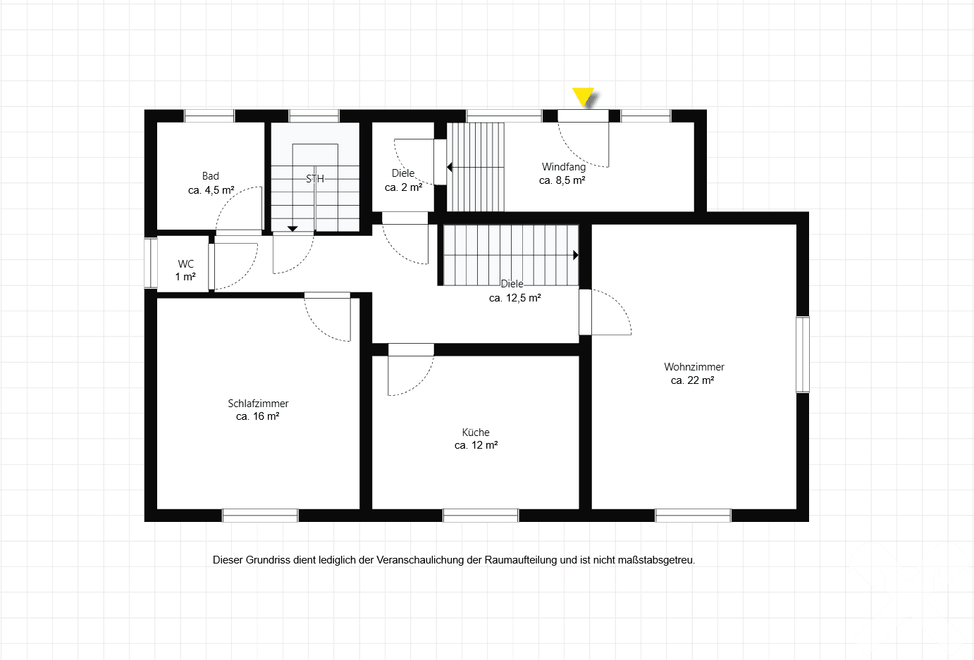 Grundriss des Erdgeschosses mit Wohnzimmer, Küche, Bad und separatem WC sowie Diele und Windfang.