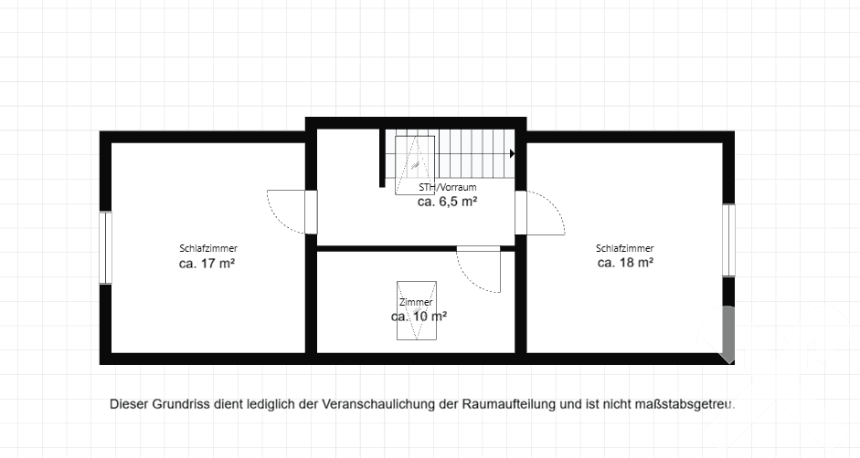 Grundriss des Obergeschosses mit zwei Schlafzimmern und einem zusätzlichen Zimmer sowie Vorraum.