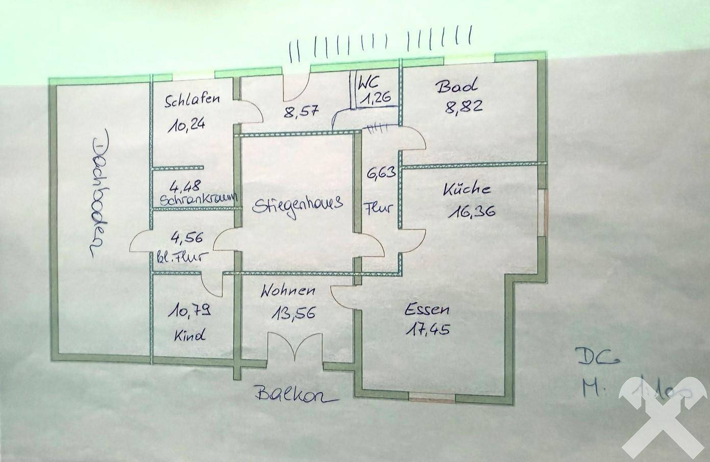 Skizzierter Grundriss des Dachgeschosses mit Schlafzimmern, Bad, Küche und Wohnbereich.