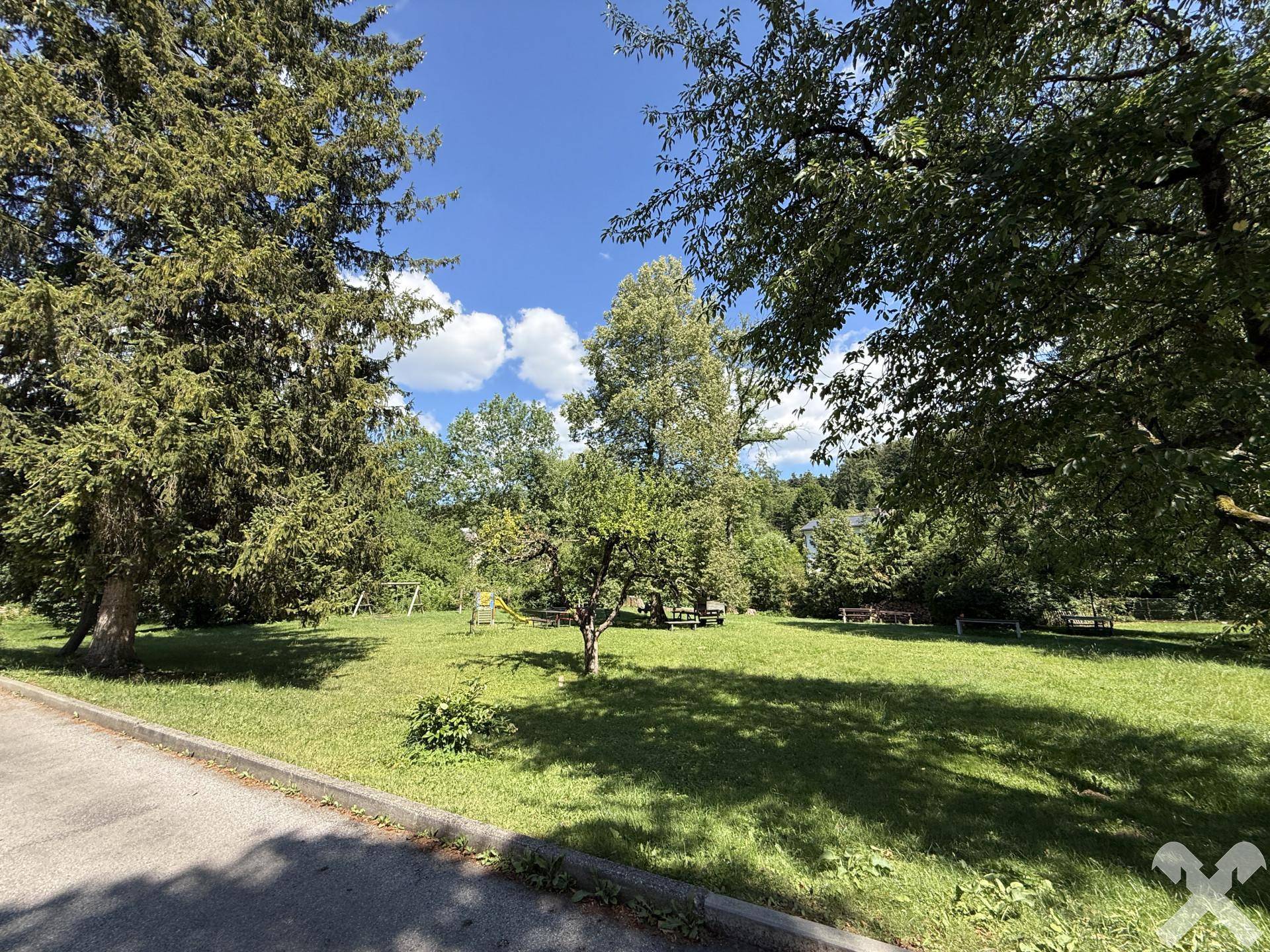 Große Grünfläche mit Bäumen, Spielplatz und Picknicktischen unter blauem Himmel.