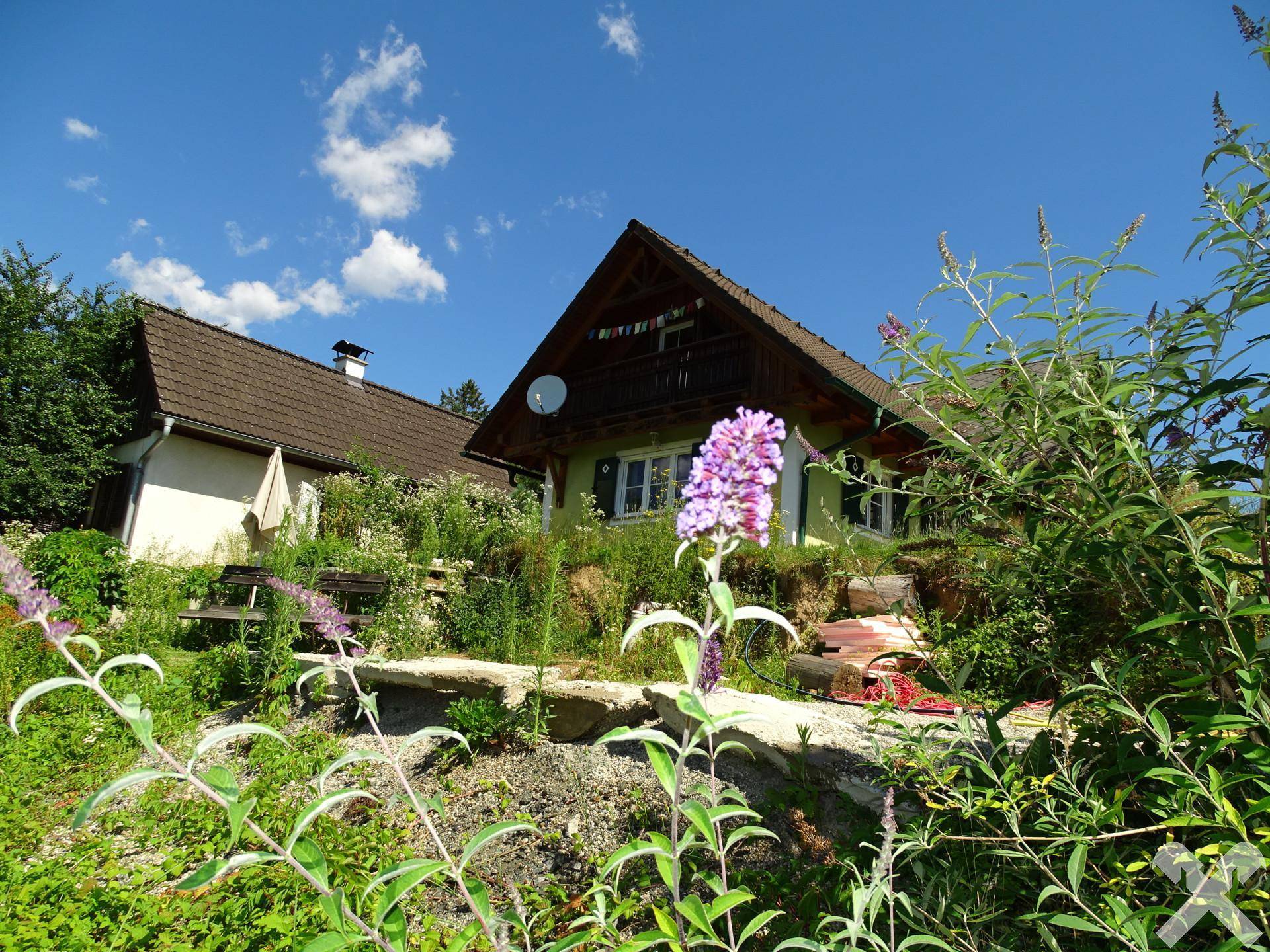 Hausansicht durch blühende Pflanzen im Garten, unter strahlend blauem Himmel.