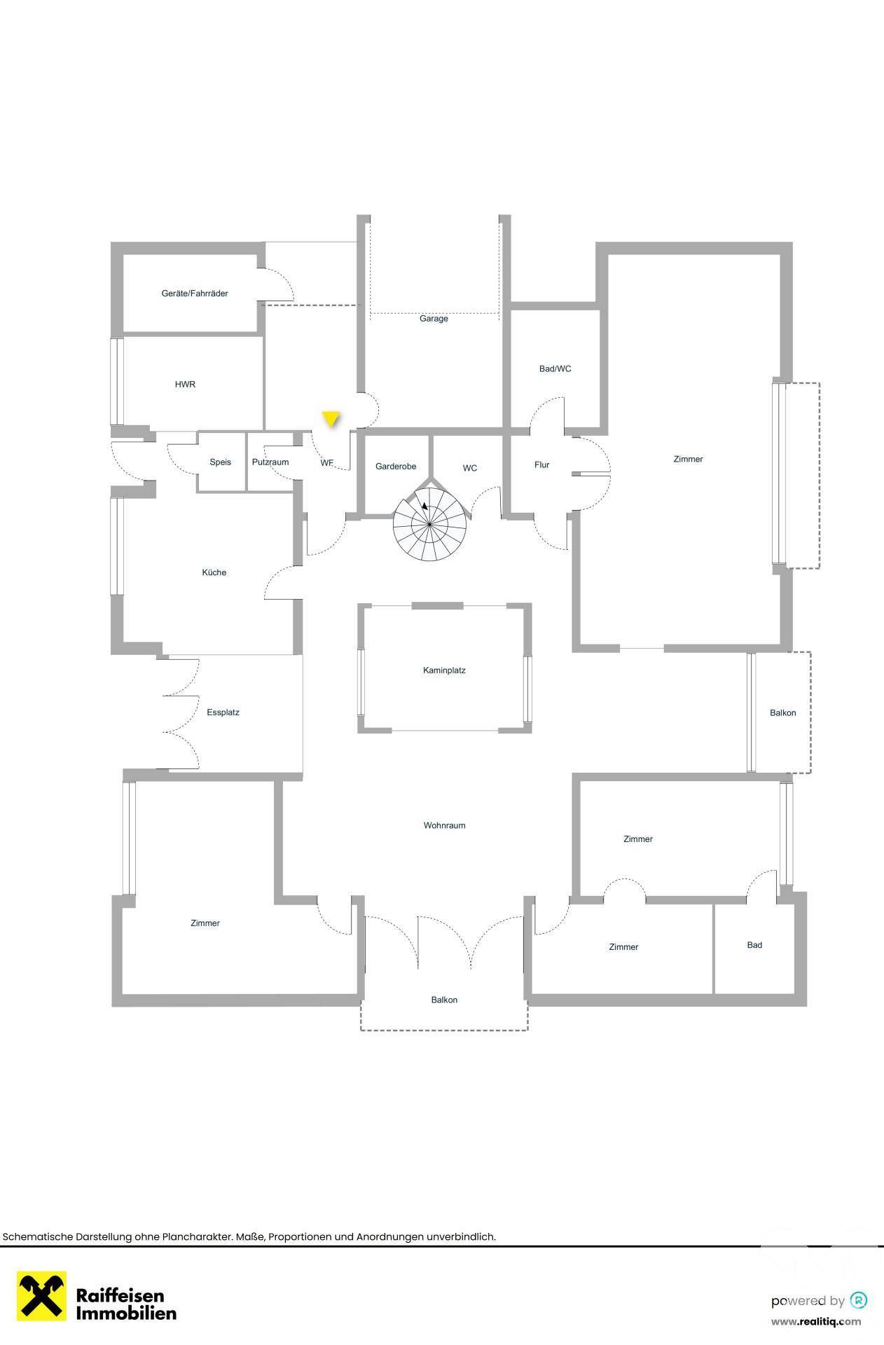 Grundriss des Erdgeschosses mit Wohnzimmer, Küche, Schlafzimmern und Balkonen.