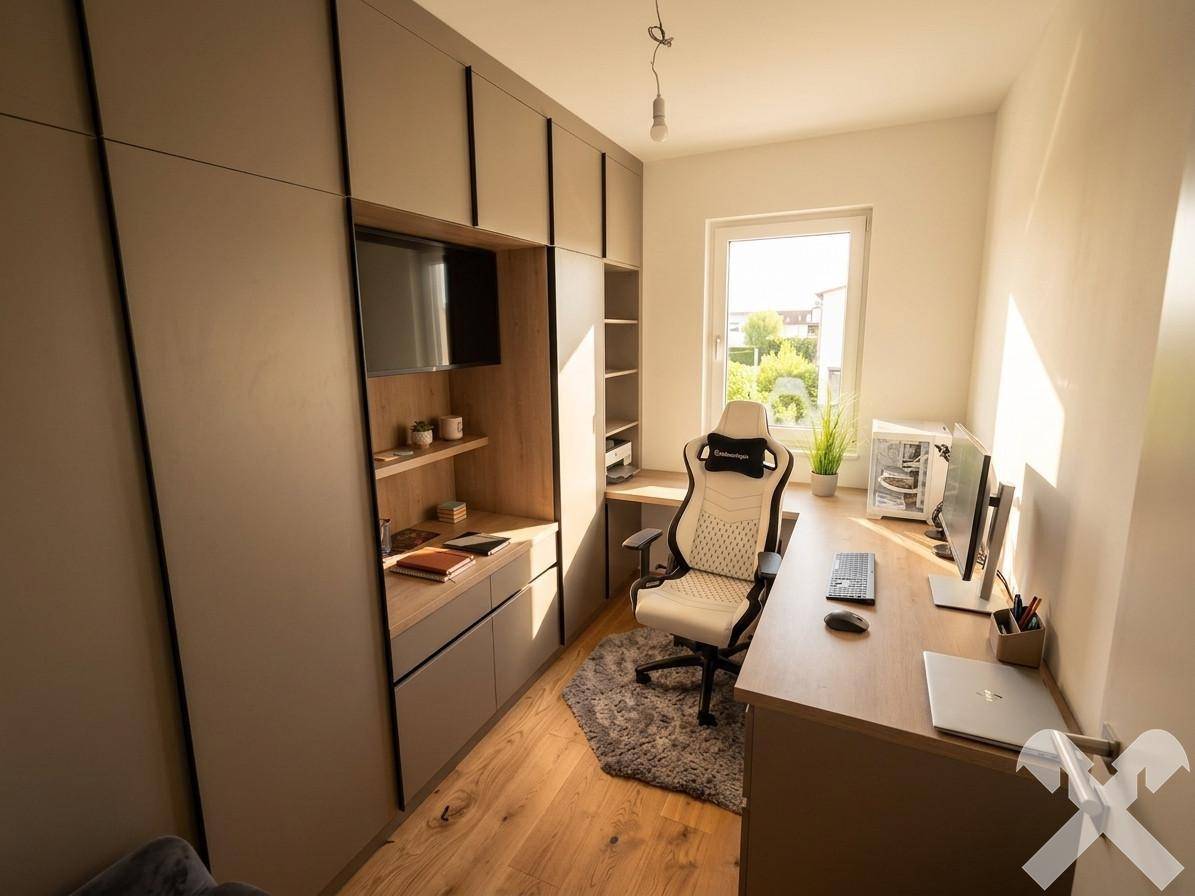 Modernes Büro mit Einbauschränken, Holzboden und viel Tageslicht durch das Fenster.