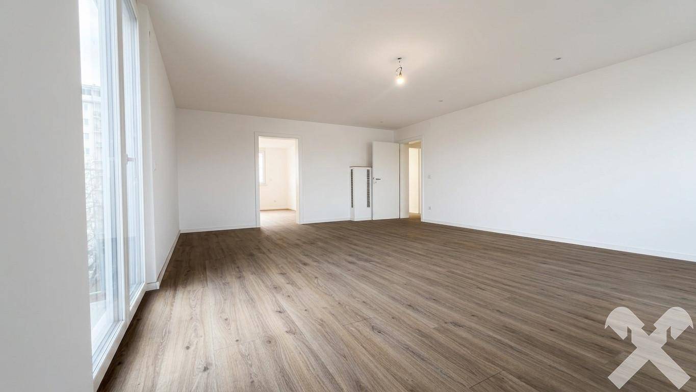 Großer, heller Wohnbereich mit Laminatboden, weißen Wänden und Zugang zu weiteren Räumen.