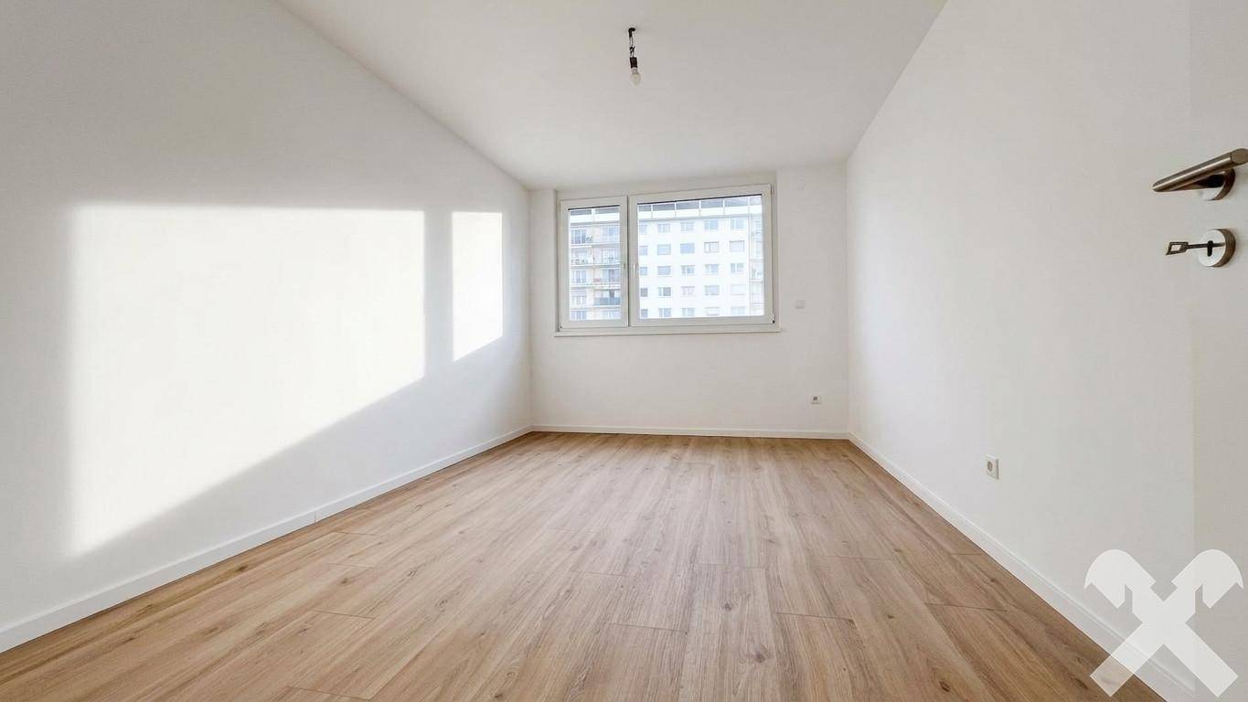 Leerer Raum mit hellem Laminatboden, weißen Wänden und Fenster mit Blick auf umliegende Gebäude.