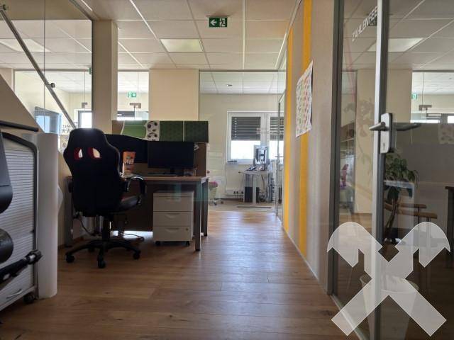 Offener Bürobereich mit Holzboden, Glasabtrennungen und mehreren Arbeitsplätzen, gut beleuchtet.