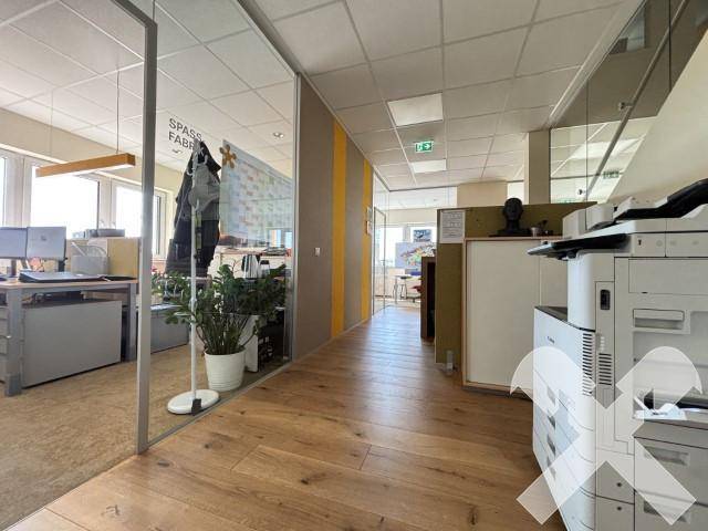 Offener Bürobereich mit Holzboden, Glaswänden und einem Druckerbereich, der eine moderne Arbeitsumgebung schafft.