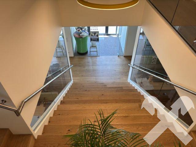 Blick von oben auf eine moderne Holztreppe mit Glasgeländer, die zum Eingangsbereich des Gebäudes führt.