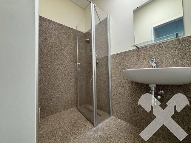 Badezimmer mit begehbarer Dusche, Waschbecken und Spiegel, ausgestattet mit modernen Fliesen.