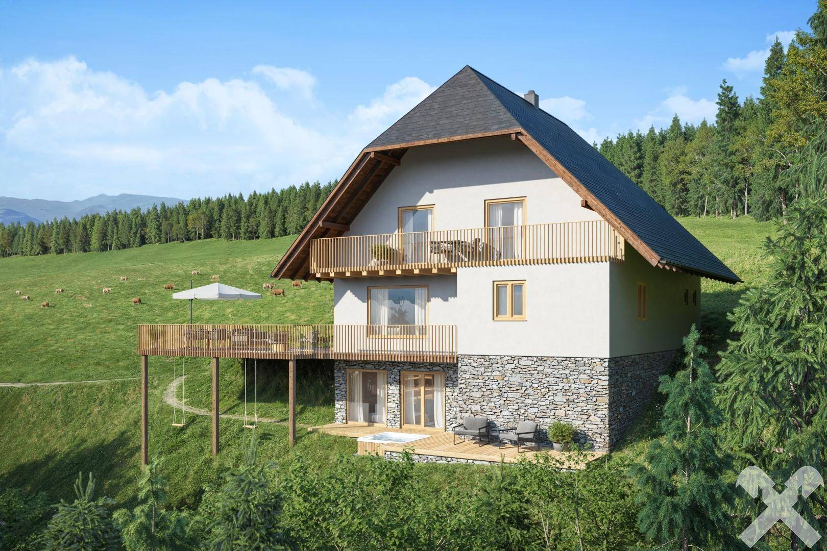 Modernes Haus mit mehreren Balkonen, Steinfassade und Terrasse mit Whirlpool.