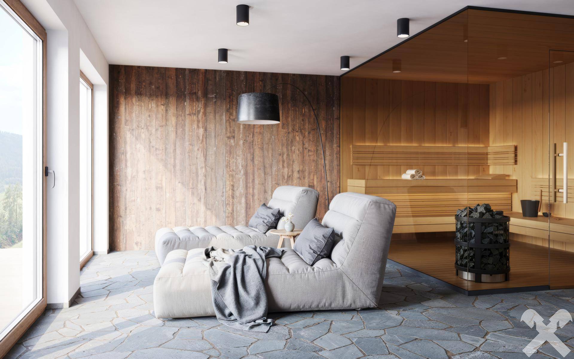 Entspannungsbereich mit großen Fenstern, Liegen und einer modernen Sauna mit Holzverkleidung.