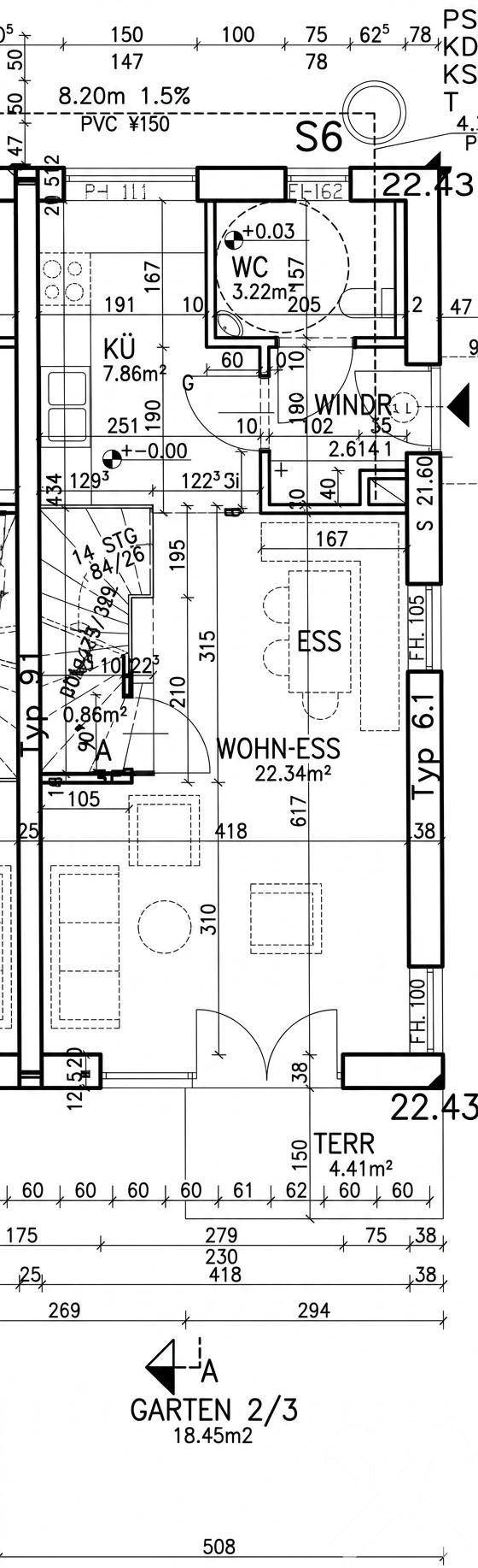 Grundriss des Erdgeschosses mit Wohn-Essbereich, Küche, WC und Terrasse.
