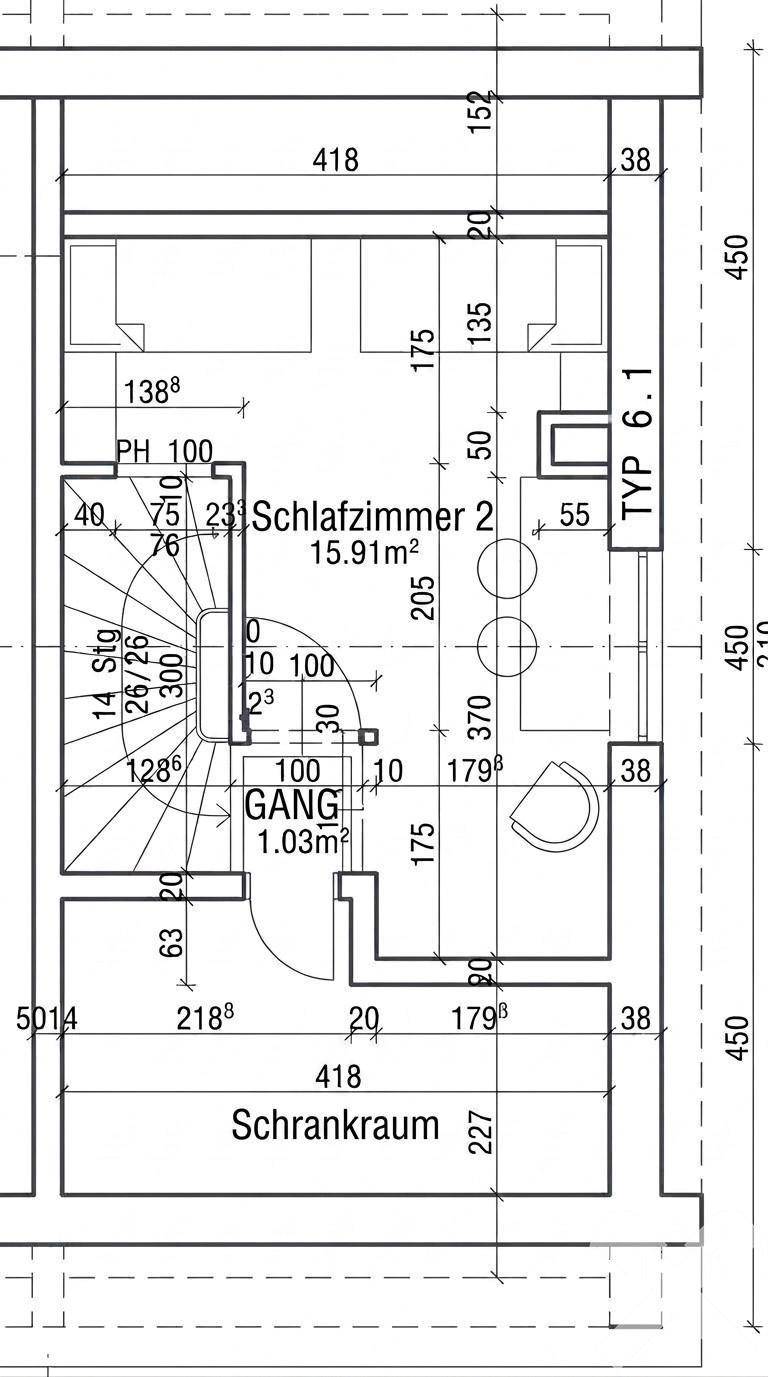 Grundriss des Dachgeschosses mit zwei Schlafzimmern und Schrankraum.
