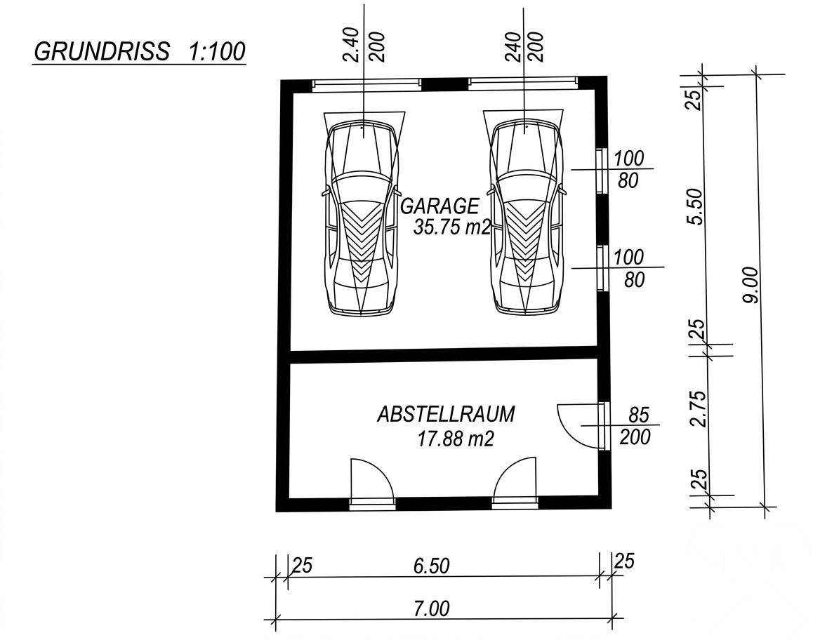 Grundrissplan einer Doppelgarage mit Abstellraum und detaillierten Maßangaben.