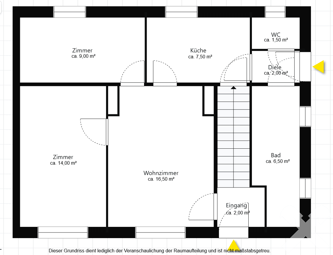 Grundriss des Erdgeschosses mit Wohnzimmer, Küche, Bad und separatem WC.